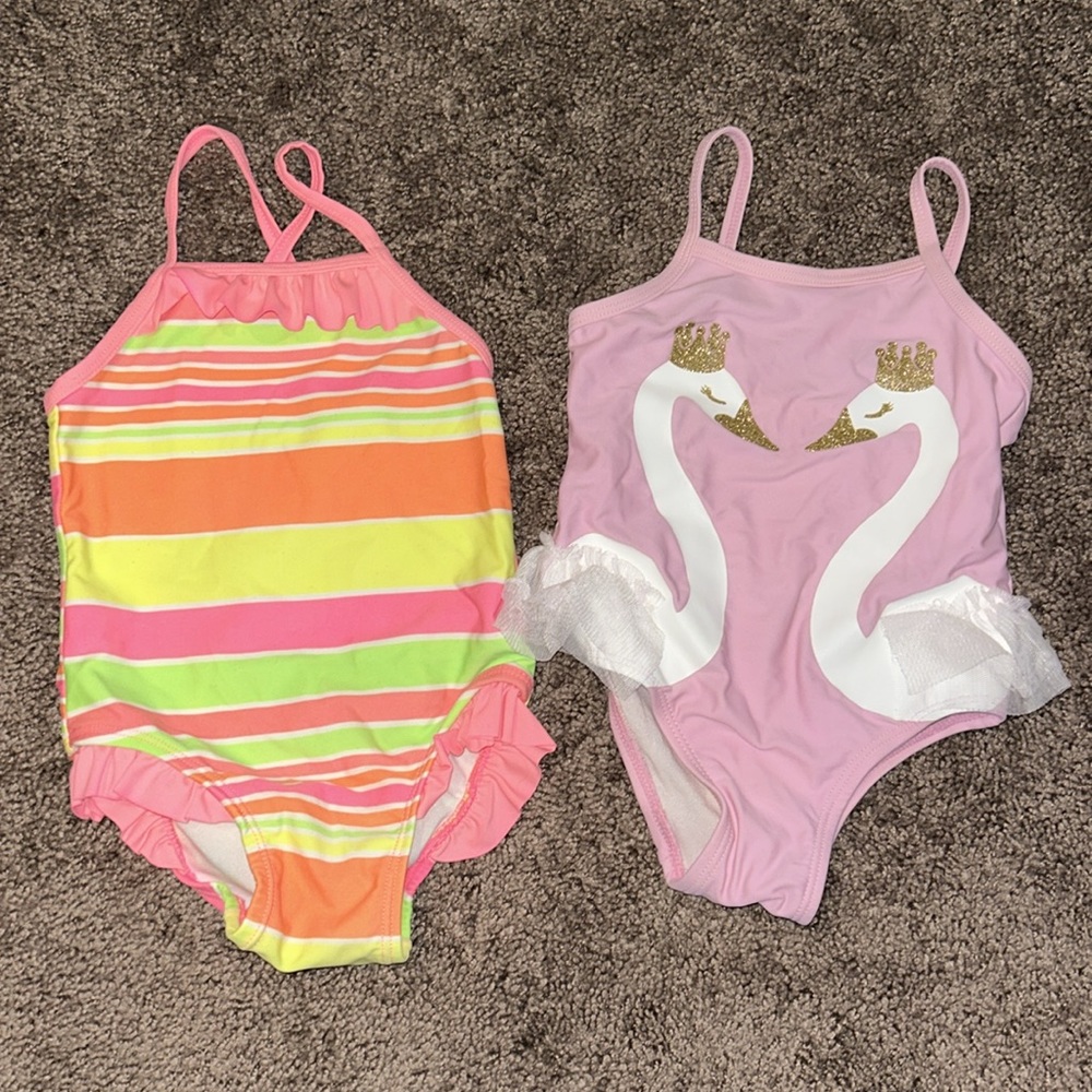 Babygirl 12m and 12/28m swim and pink striped one piece swim suit bundle